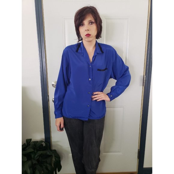 80s Blue Pocket‎ Button Down Blouse - Picture 4 of 5